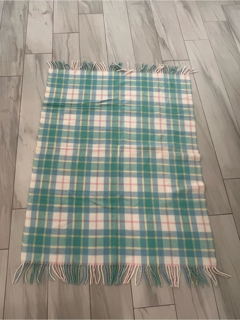 100% wool Plaid Fringe Baby Blanket - Blue Pink Yellow Turquoise Cream 57 x 39”